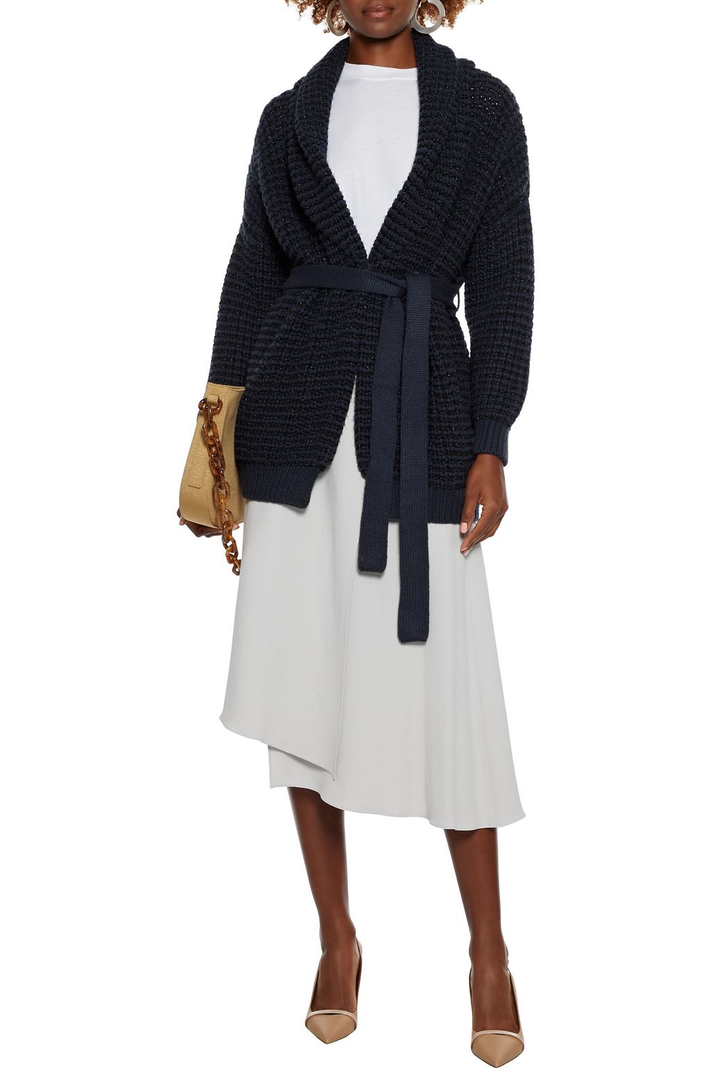 BRUNELLO CUCINELLI Belted metallic bouclé-knit cardigan