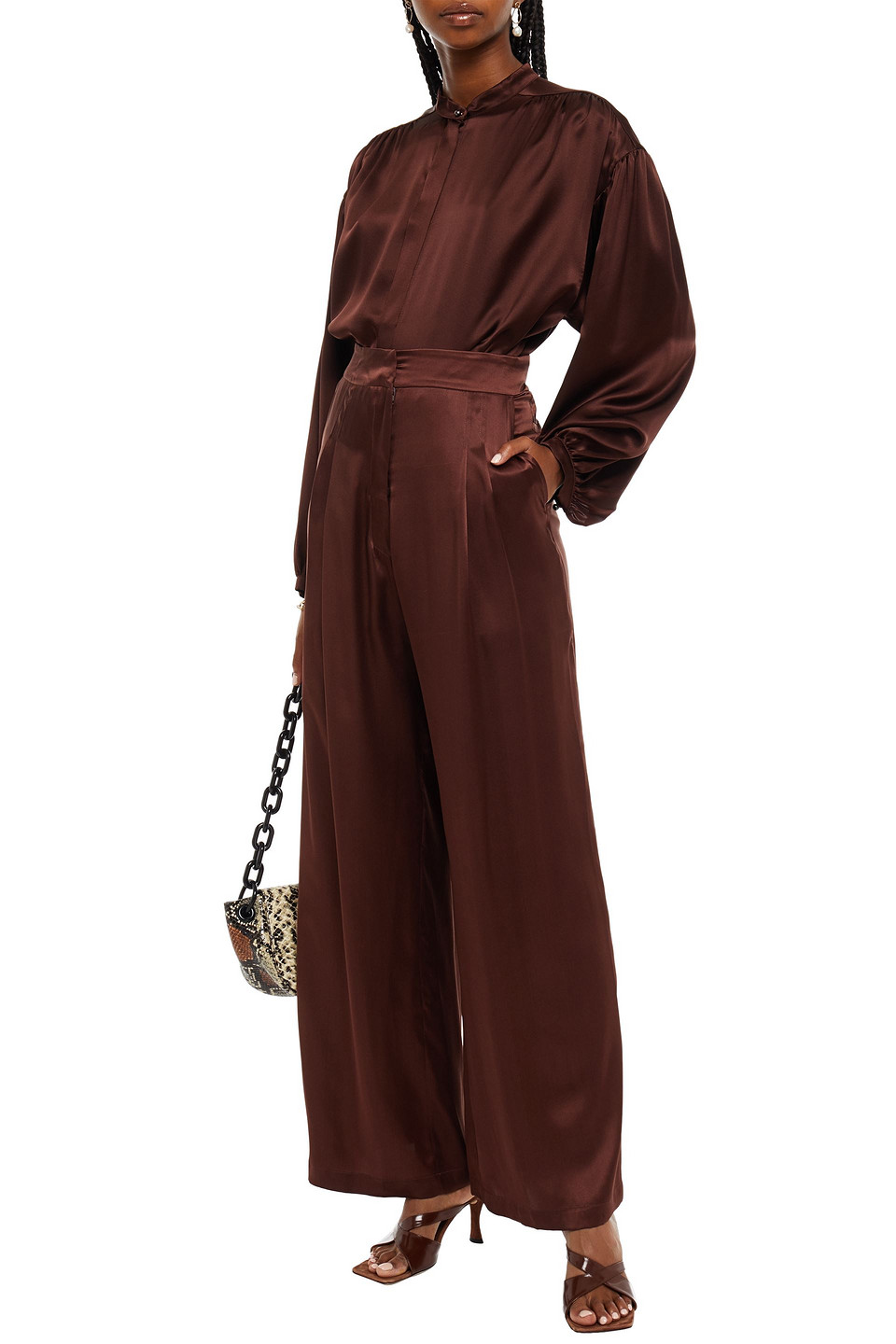 Le Kasha Pleated Silk-satin Wide-leg Trousers In Brown