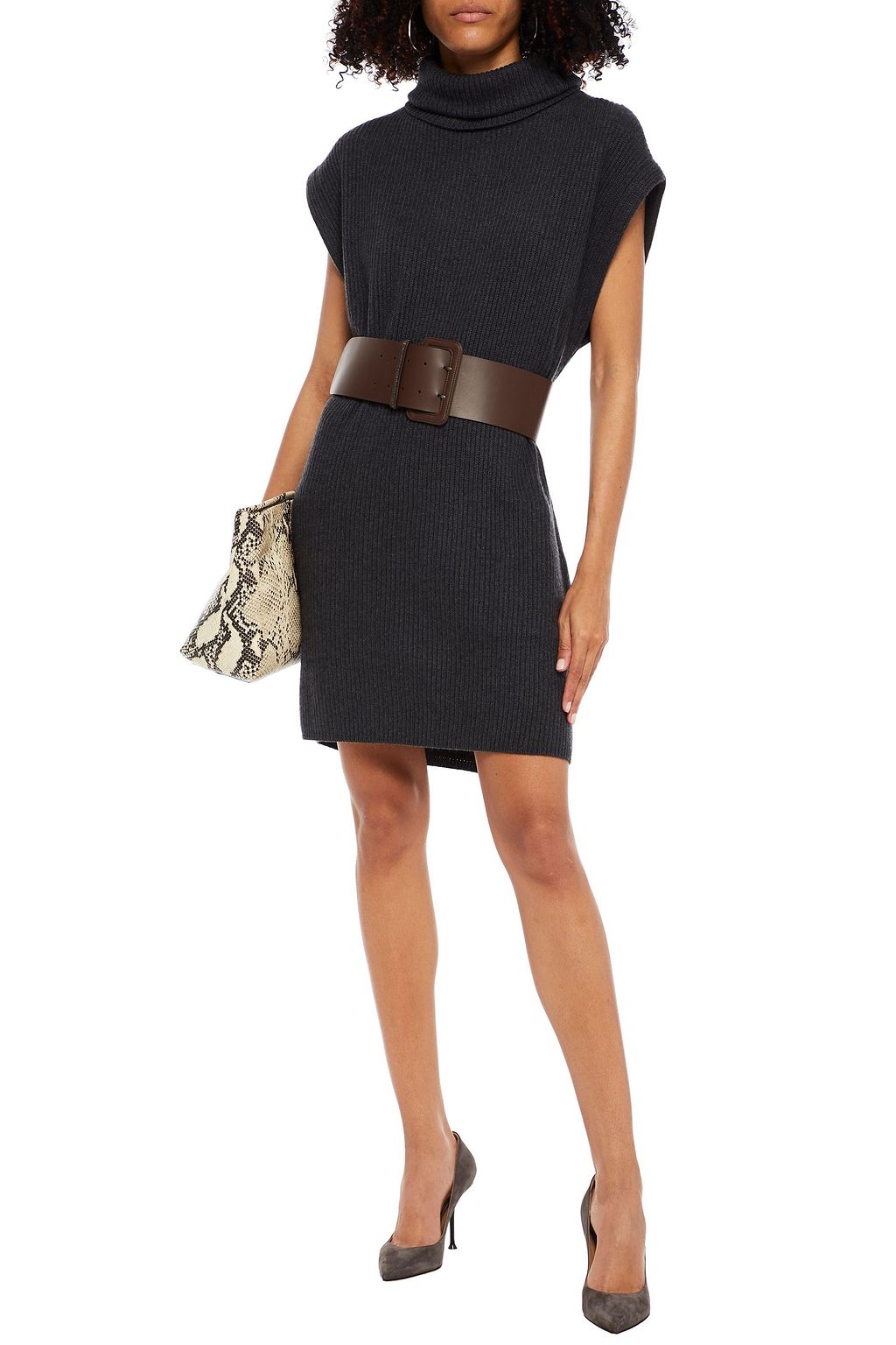 BRUNELLO CUCINELLI Belted ribbed cashmere turtleneck mini dress