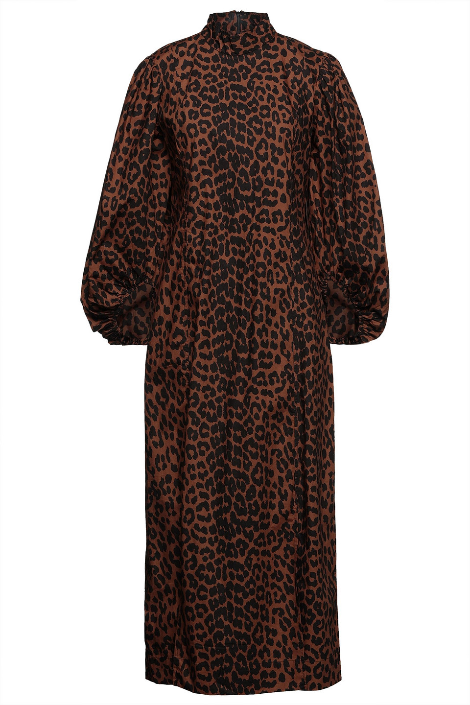 ganni - gathered leopard-print organic cotton-poplin midi dress - animal print - eu 36