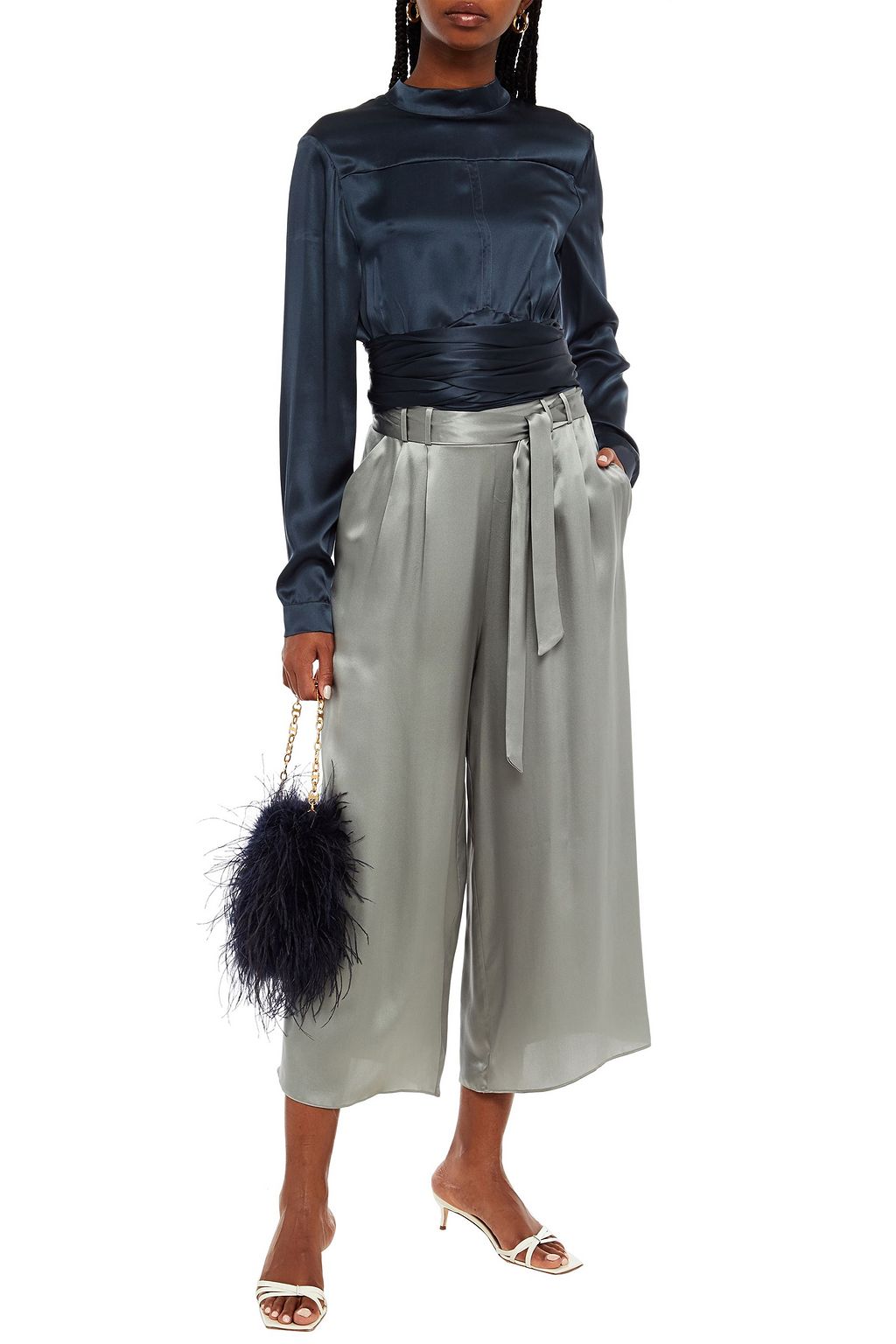 LE KASHA Belted silk-satin culottes