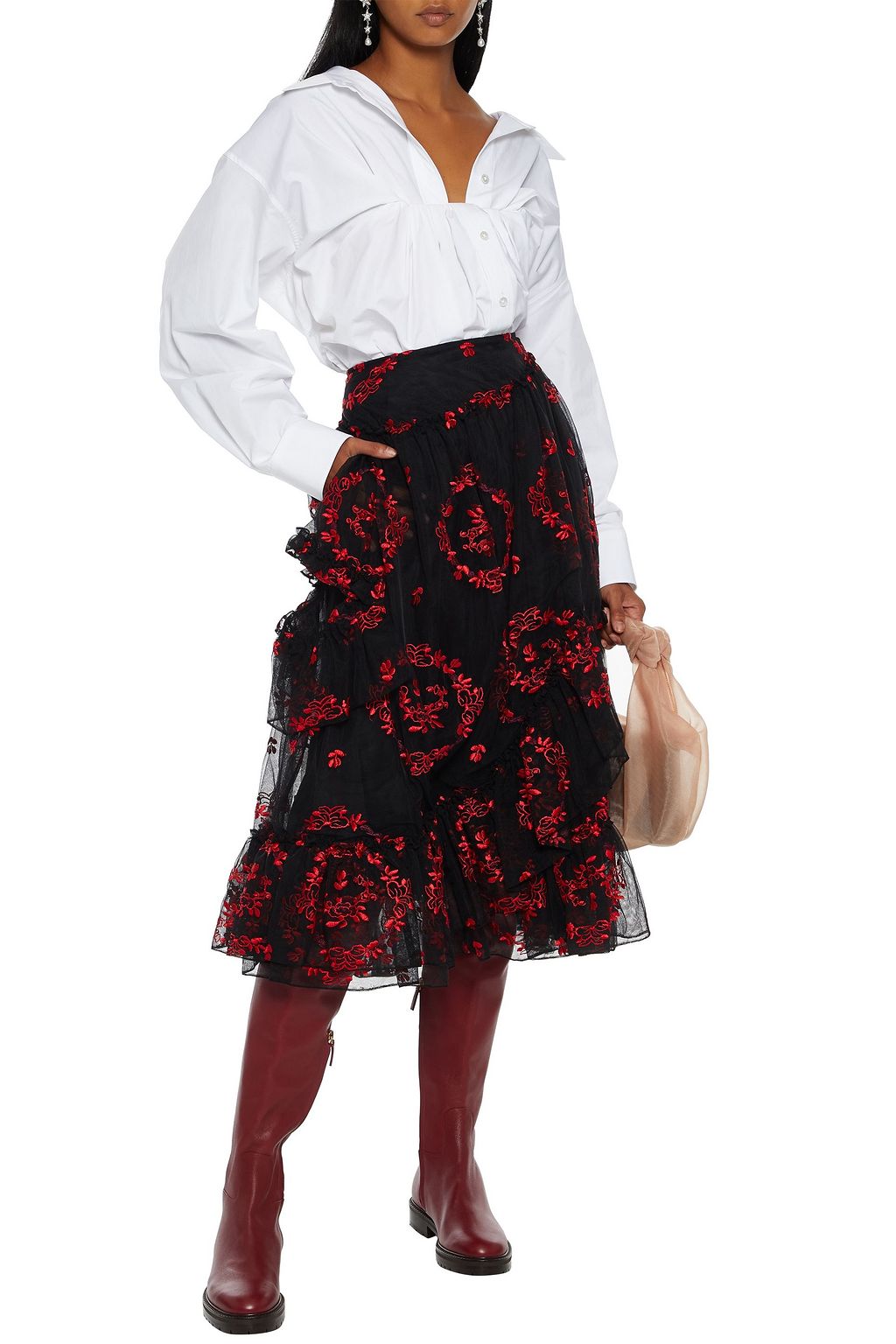 SIMONE ROCHA Cutout ruffled embroidered tulle midi skirt