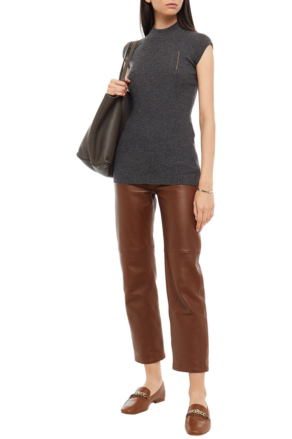 BRUNELLO CUCINELLI Bead-embellished metallic ribbed-knit top