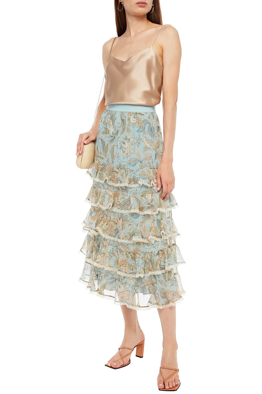 ZIMMERMANN Ladybeetle tiered lace-trimmed printed silk-georgette midi skirt