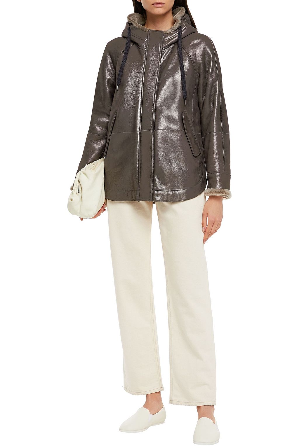 BRUNELLO CUCINELLI Kapuzenjacke aus Metallic-Leder mit Zierperlen