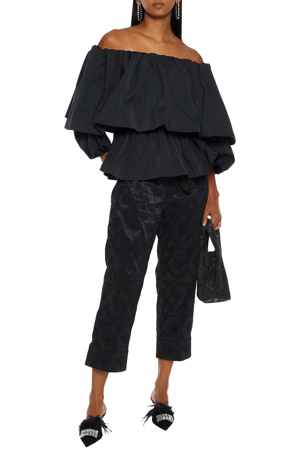 SIMONE ROCHA Cropped belted embroidered taffeta straight-leg pants