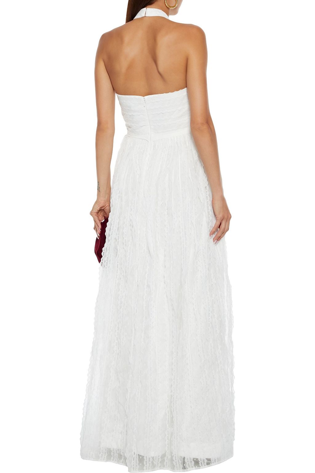 ML MONIQUE LHUILLIER Belted lace and point d'esprit halterneck gown