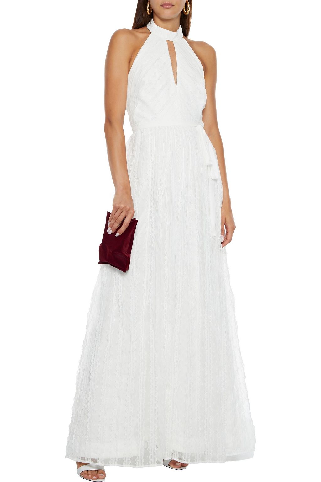 ML MONIQUE LHUILLIER Belted lace and point d'esprit halterneck gown