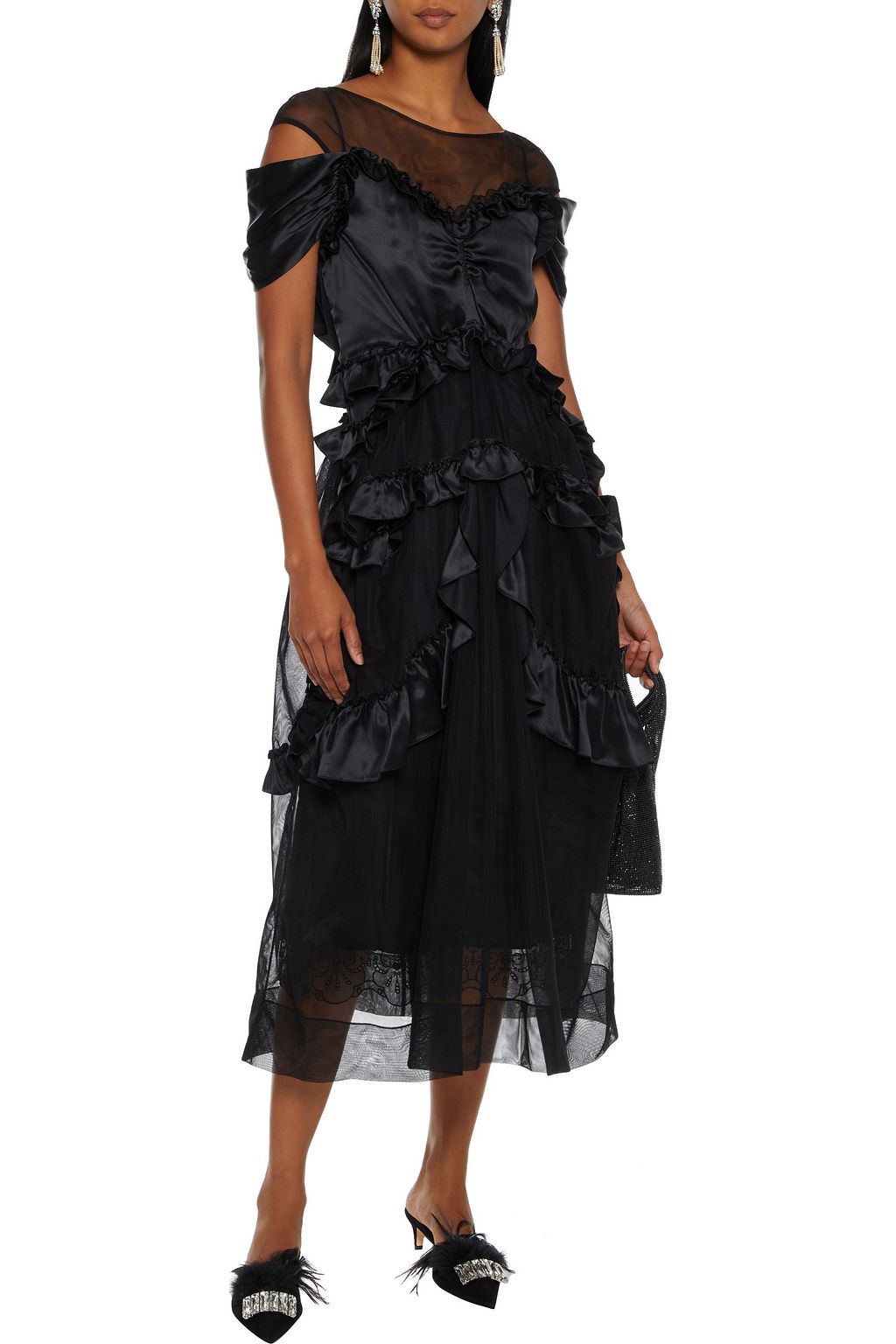 SIMONE ROCHA Paneled ruffled satin and tulle midi dress
