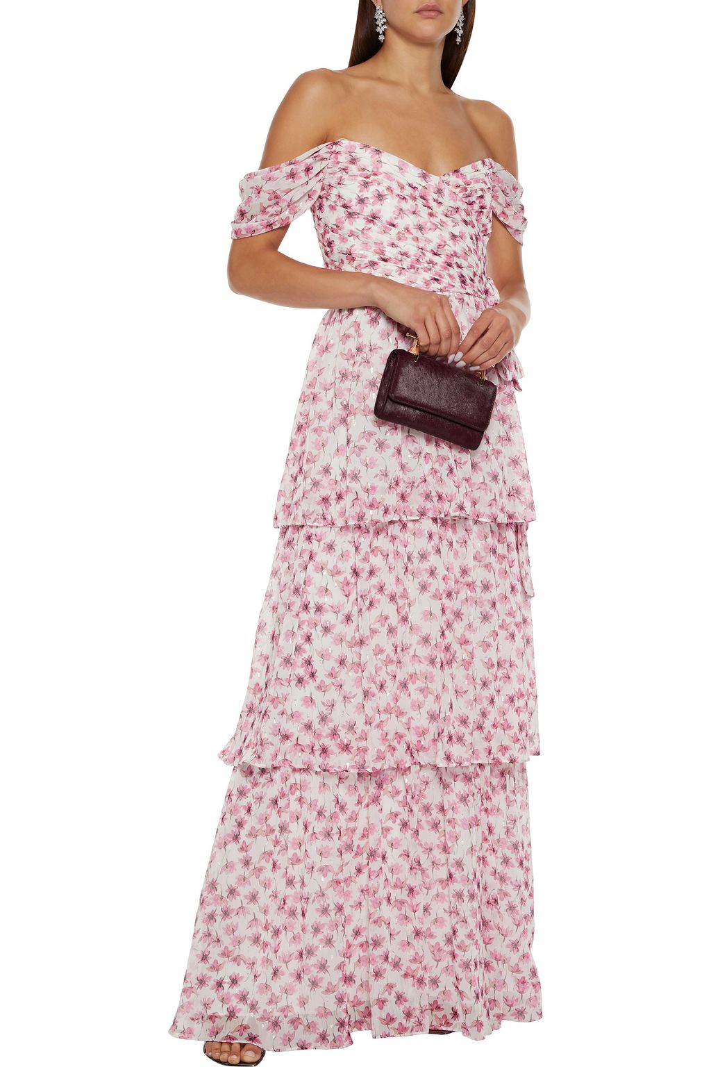 ML MONIQUE LHUILLIER Tiered off-the-shoulder floral-print fil coupé georgette maxi dress