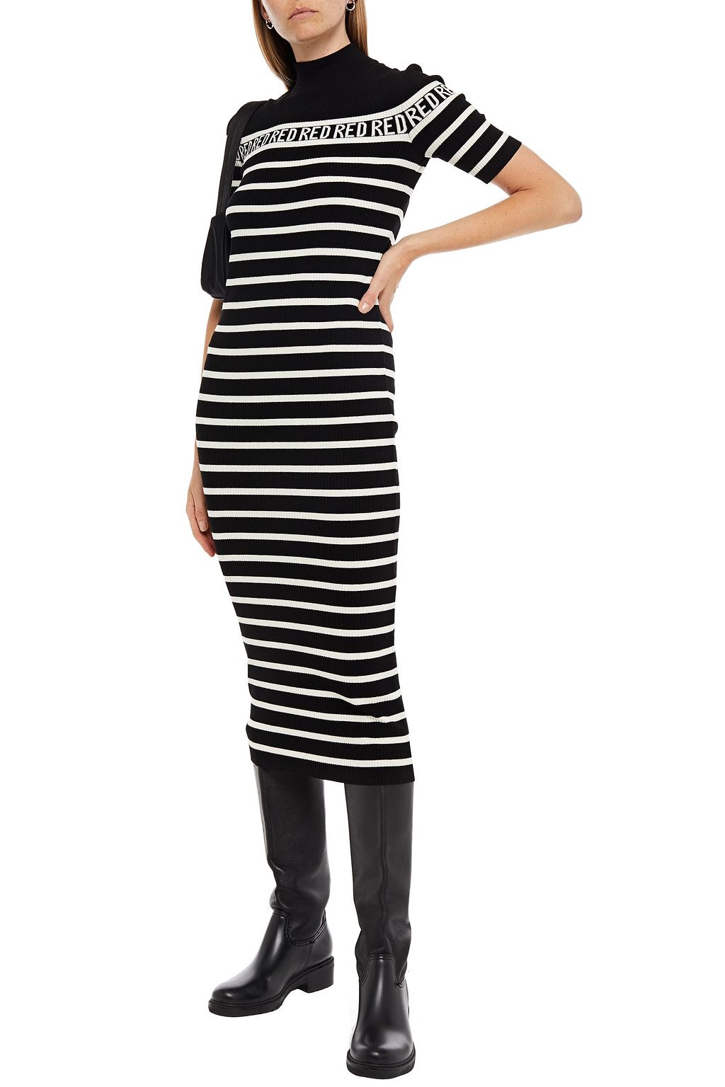 REDVALENTINO Striped ribbed jacquard-knit turtleneck midi dress