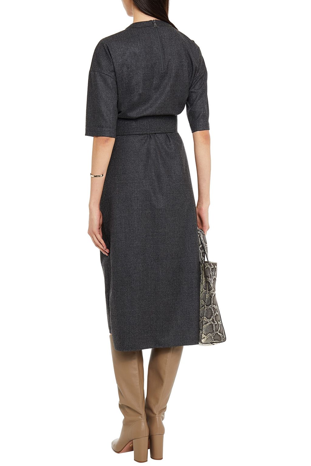 BRUNELLO CUCINELLI Midikleid aus Stretch-Wolle mit Zierperlen und Gürtel