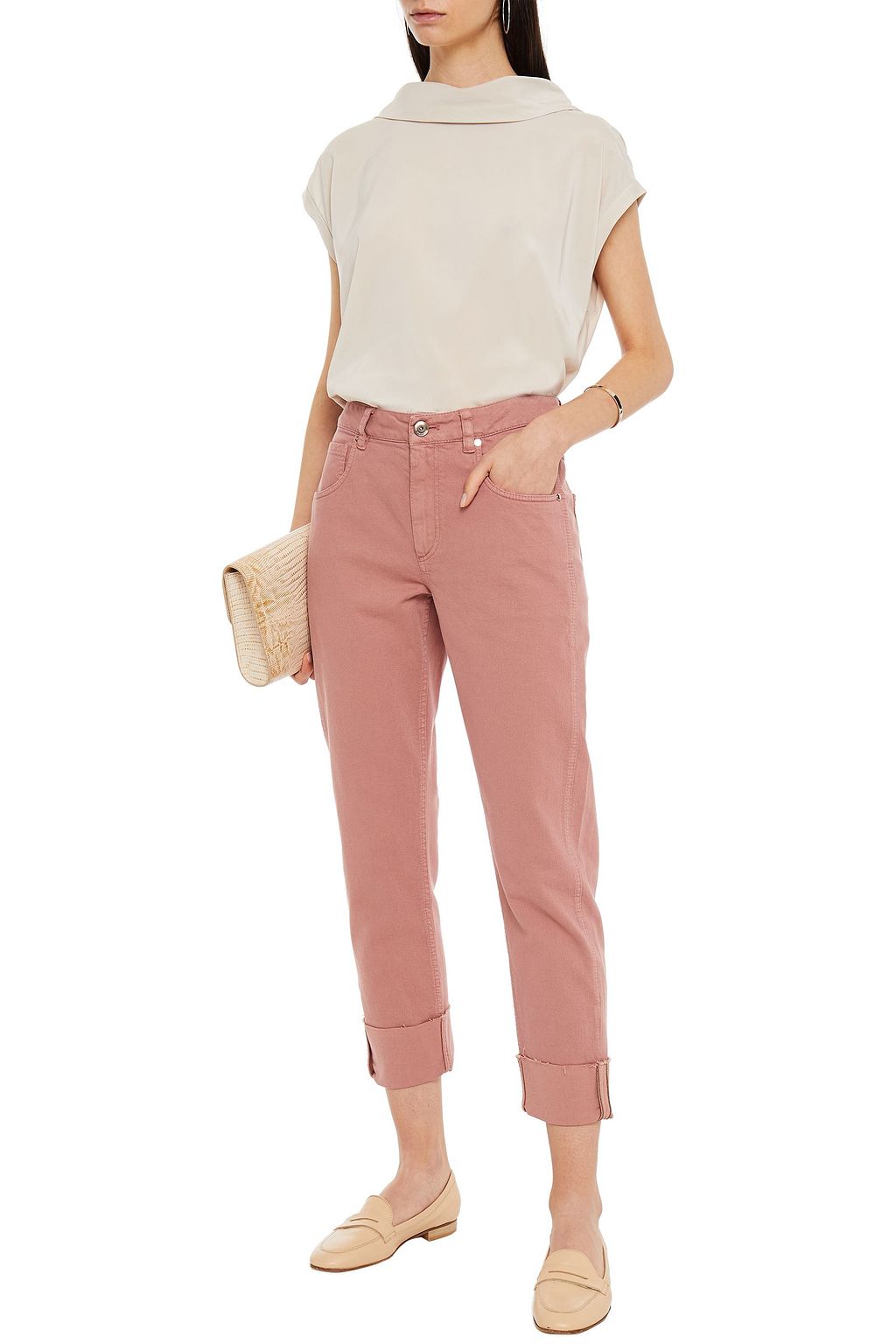 BRUNELLO CUCINELLI Cropped bead-embellished high-rise tapered jeans