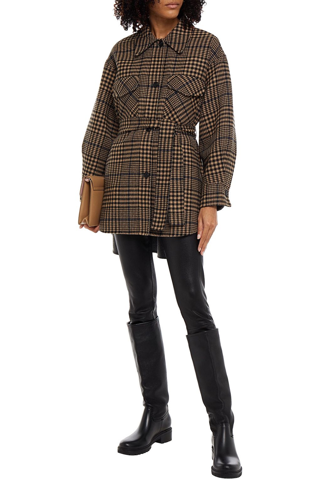 MAJE Brushed Prince of Wales checked wool-blend felt coat