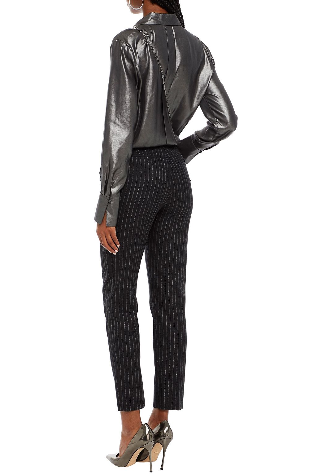 SAINT LAURENT Metallic pinstriped wool-blend twill slim-leg pants