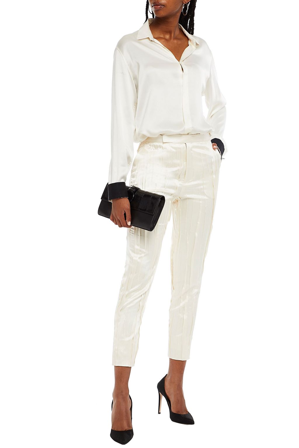 SAINT LAURENT Plissé silk-blend satin skinny pants