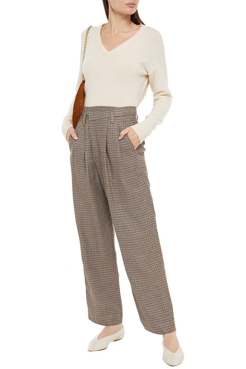 BRUNELLO CUCINELLI Houndstooth linen, wool and silk-blend tweed wide-leg pants