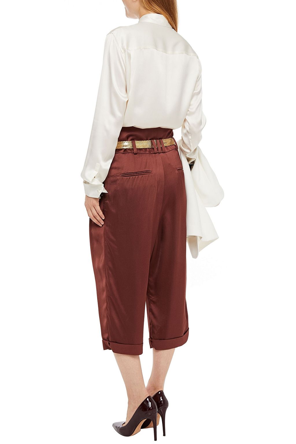 BALMAIN Cropped pleated crepe-satin tapered pants