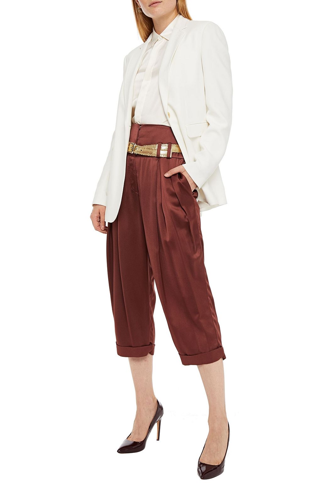 BALMAIN Cropped pleated crepe-satin tapered pants
