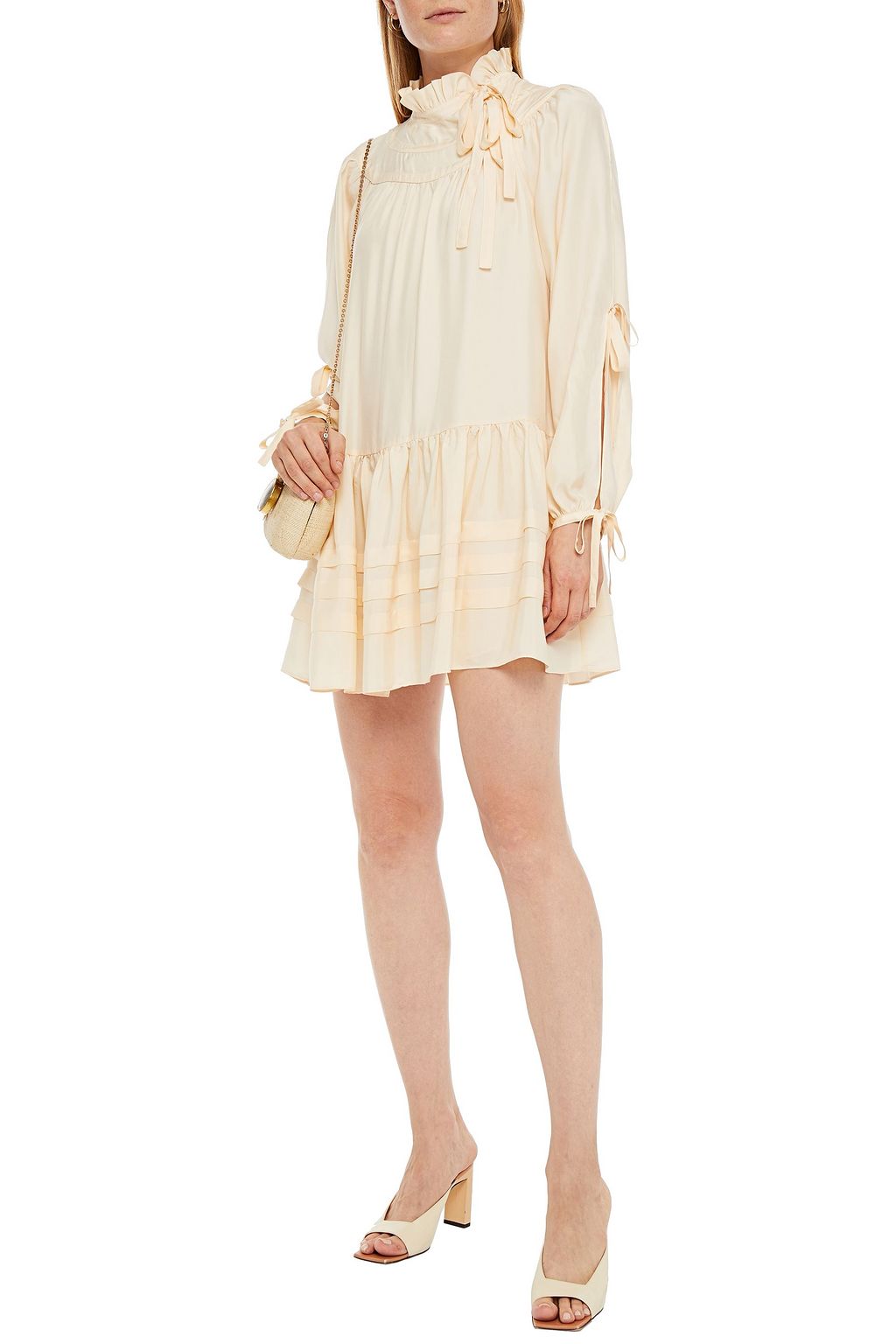 AMUR Bow-detailed ruffled silk-satin mini dress