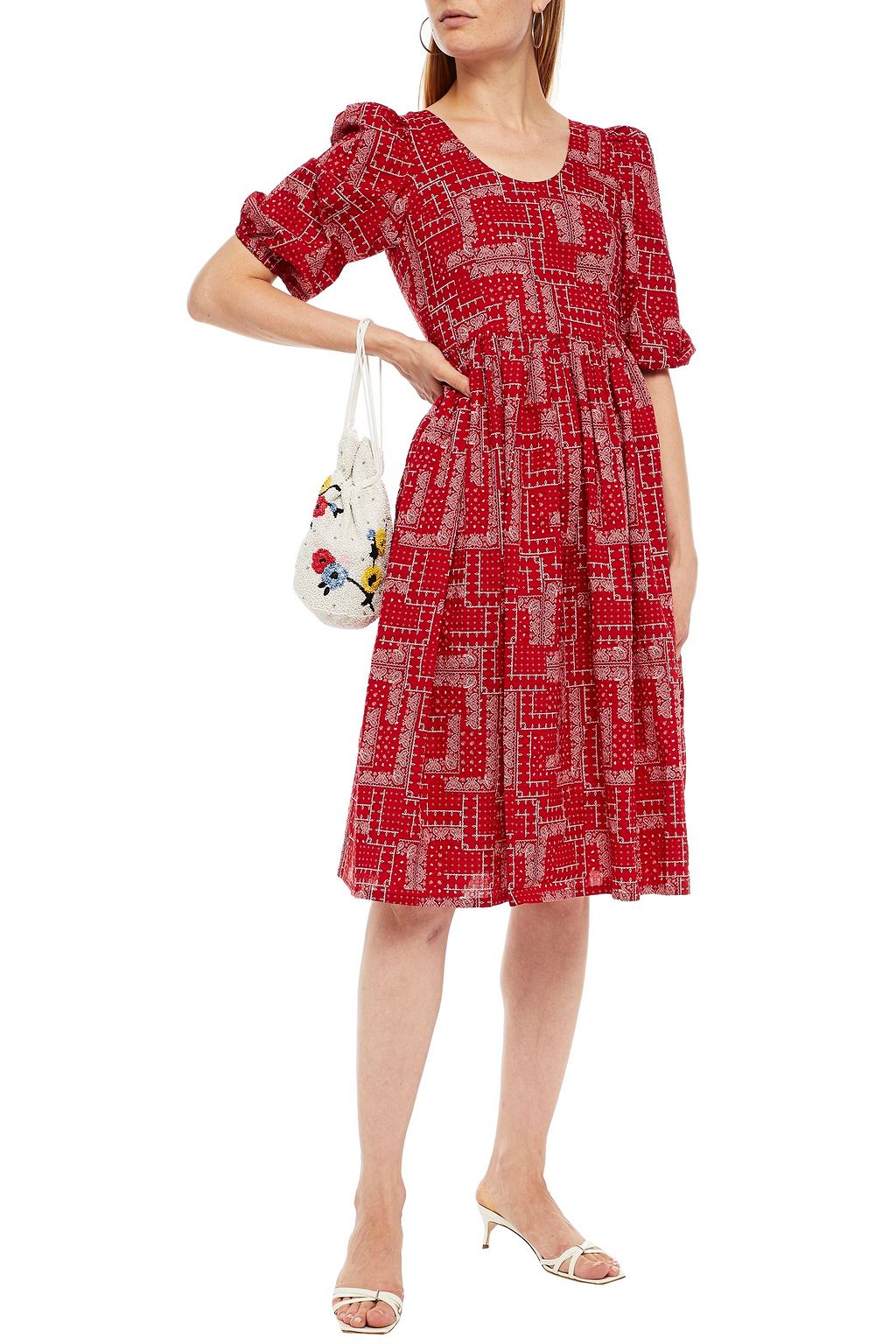 SHRIMPS Bow-detailed printed cotton-seersucker dress