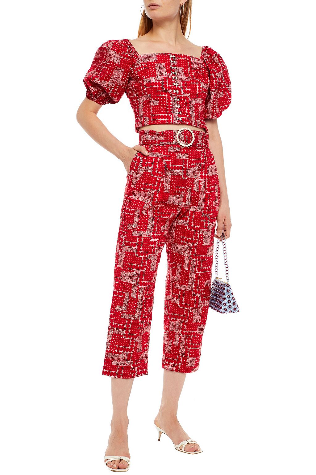 SHRIMPS Cropped printed cotton-seersucker top