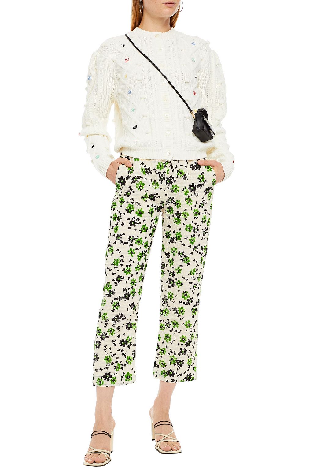 SHRIMPS Cropped floral-print seersucker straight-leg pants