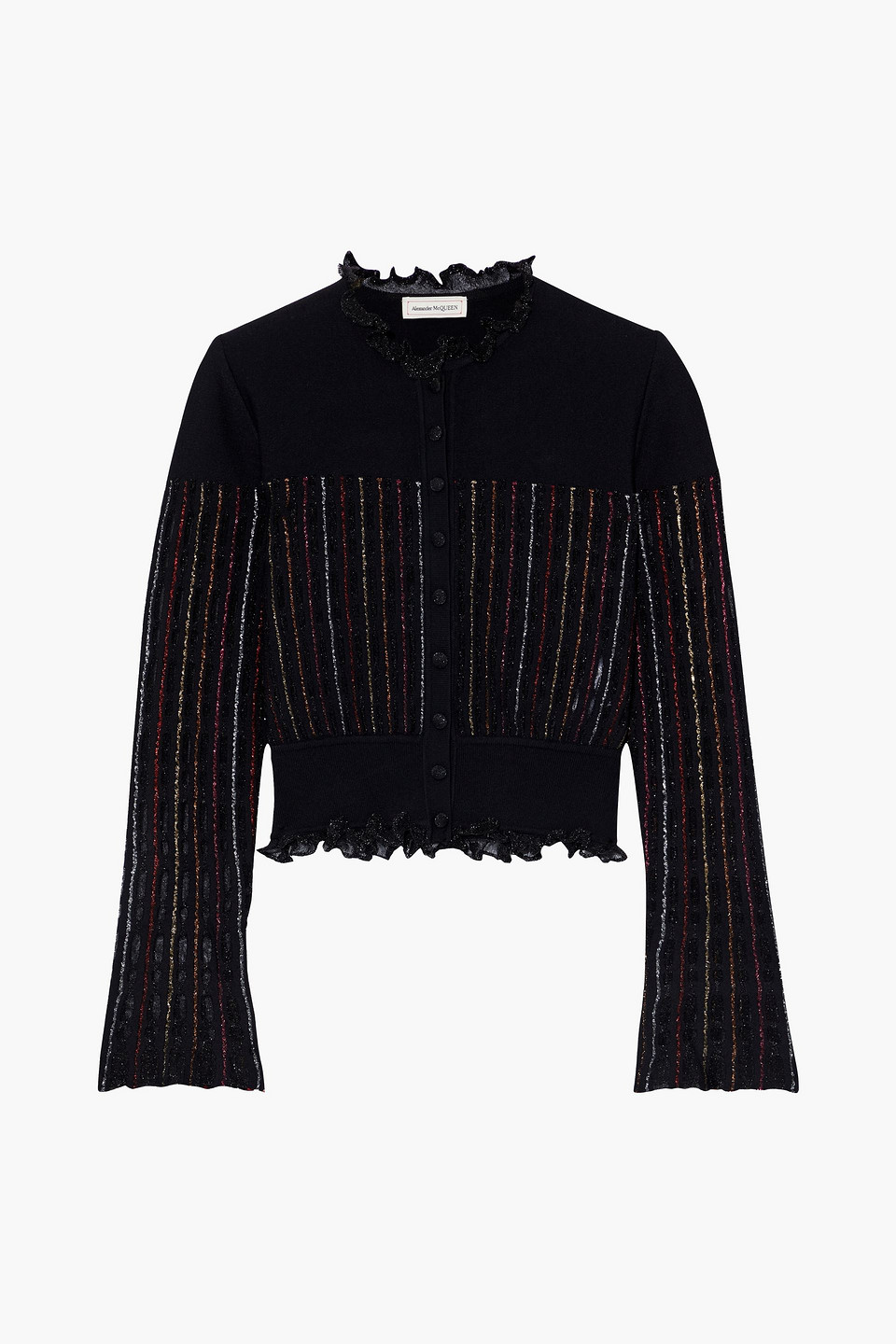 Alexander Mcqueen Ruffled Burnout-effect Metallic Stretch-knit Cardigan In Black