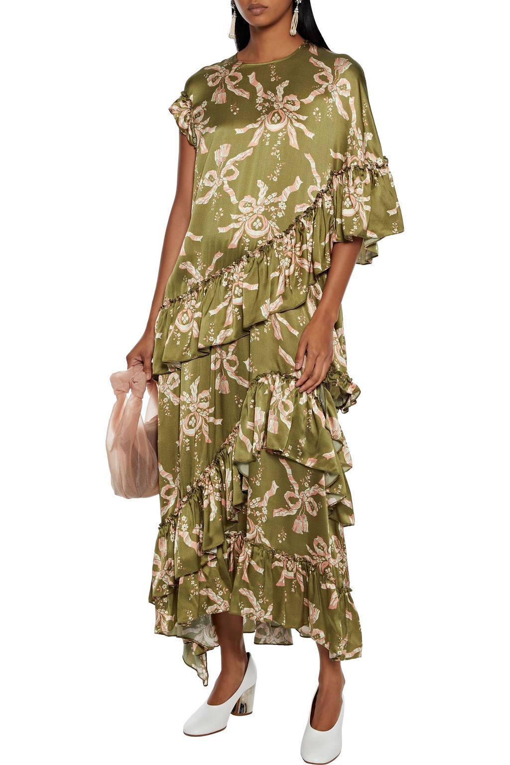 SIMONE ROCHA Asymmetric ruffled printed silk-satin maxi dress