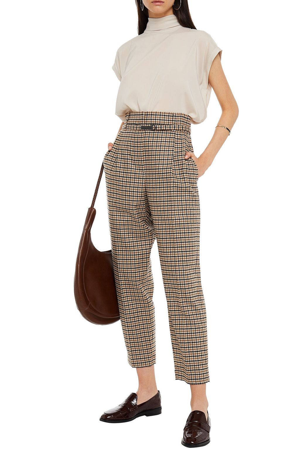 BRUNELLO CUCINELLI Belted checked wool-blend tapered pants