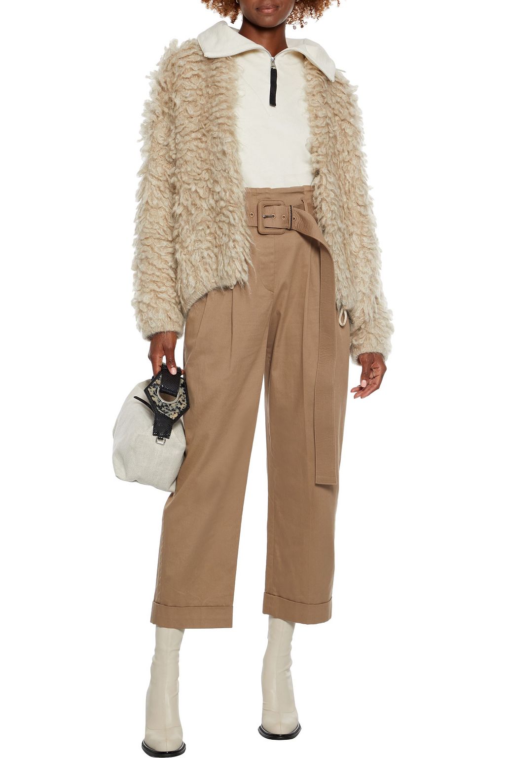 BRUNELLO CUCINELLI Cropped belted embellished cotton-blend twill straight-leg pants