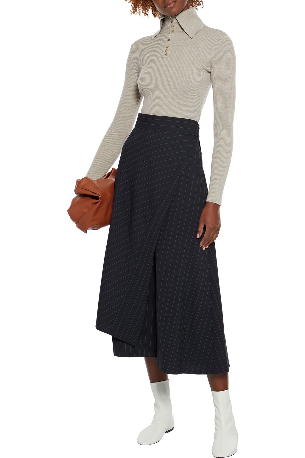 BRUNELLO CUCINELLI Wrap-effect pinstriped woven midi skirt