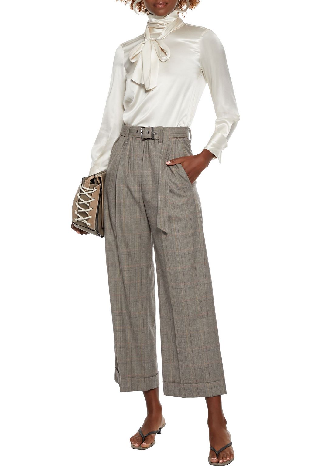 BRUNELLO CUCINELLI Cropped belted Prince of Wales checked wool wide-leg pants