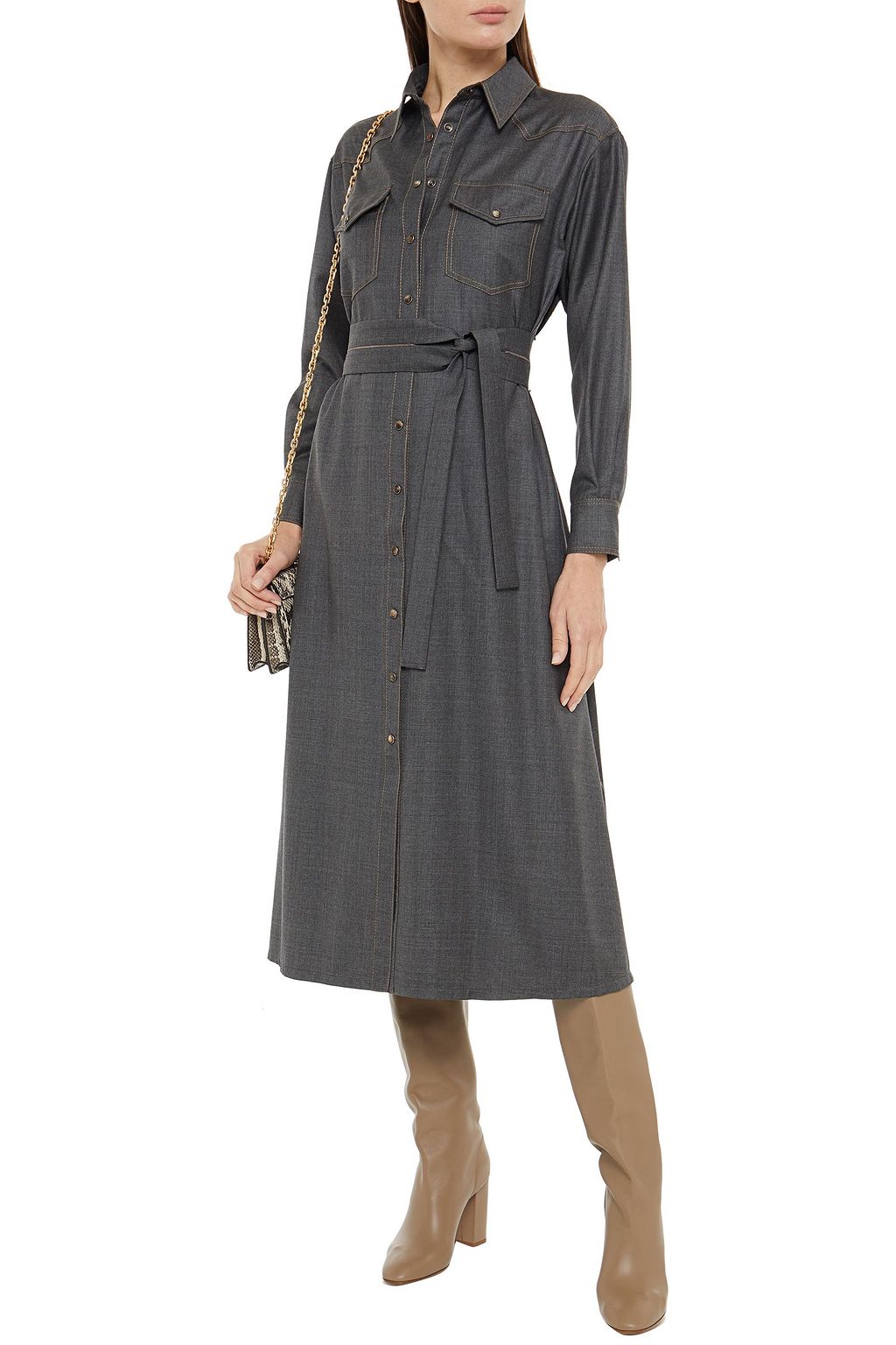 BRUNELLO CUCINELLI Belted bead-embellished wool midi shirt dress