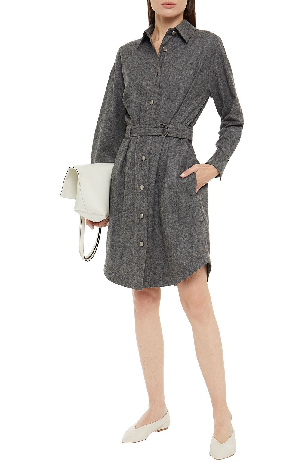 BRUNELLO CUCINELLI Hemdkleid aus Flanell aus einer Wollmischung mit Zierperlen und Gürtel