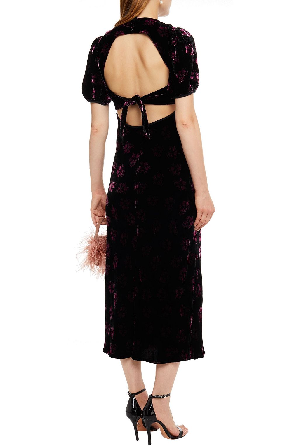 RIXO Daisy cutout gathered velvet midi dress