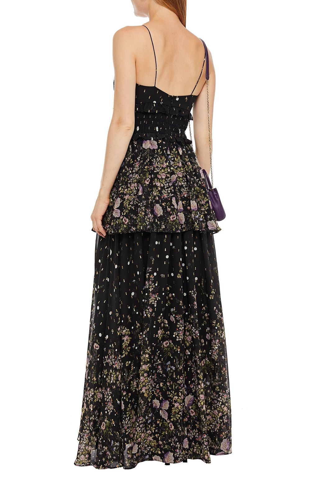 AMUR Shirred printed metallic fil coupé maxi dress