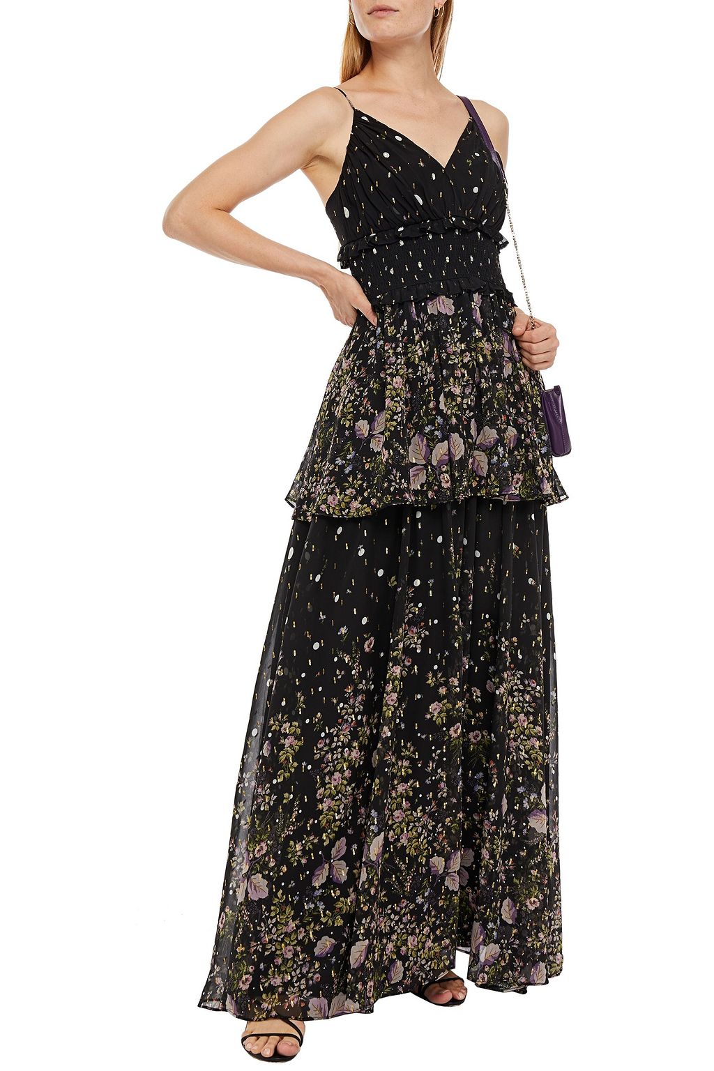 AMUR Shirred printed metallic fil coupé maxi dress