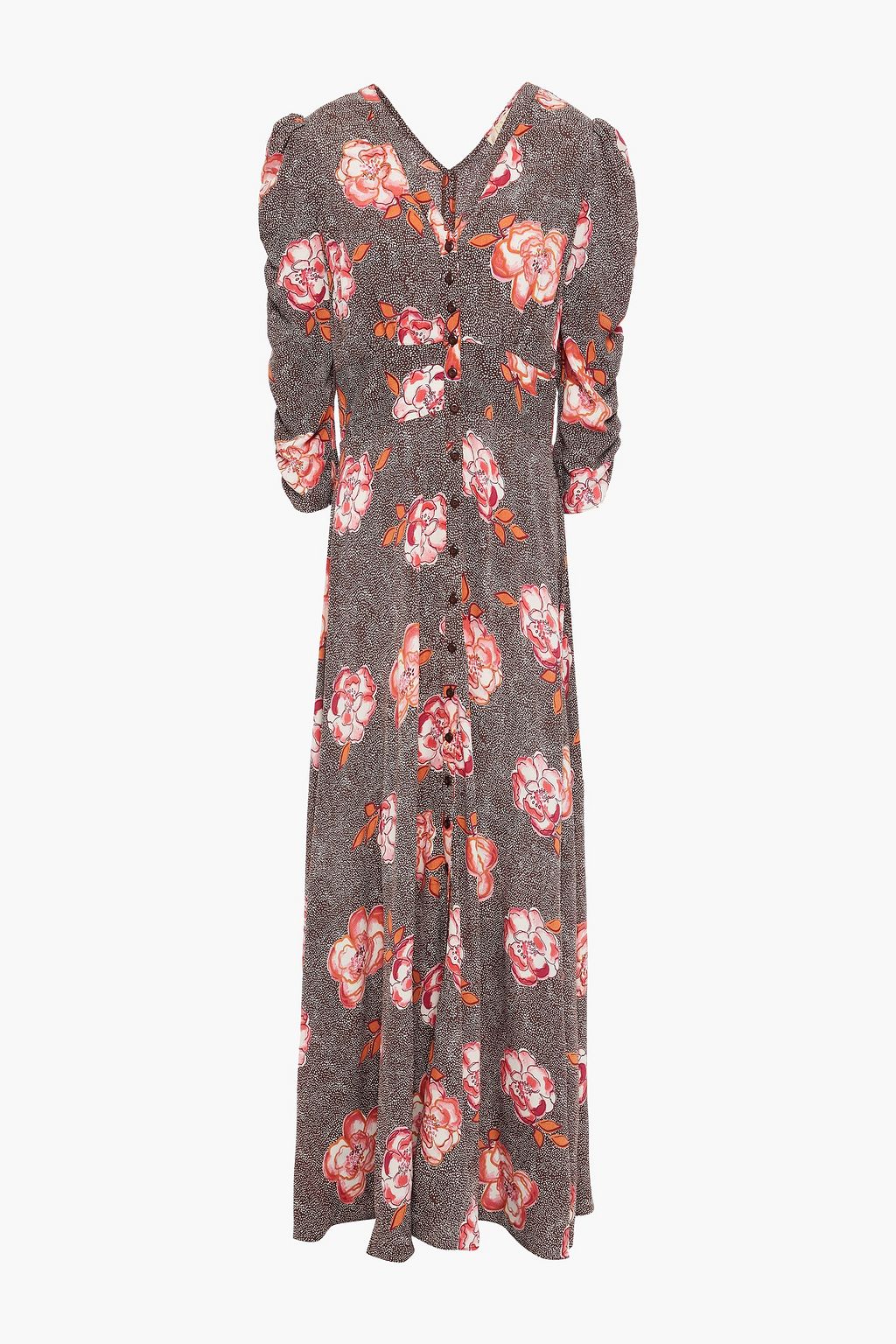 Brown Shirred printed crepe maxi dress ...