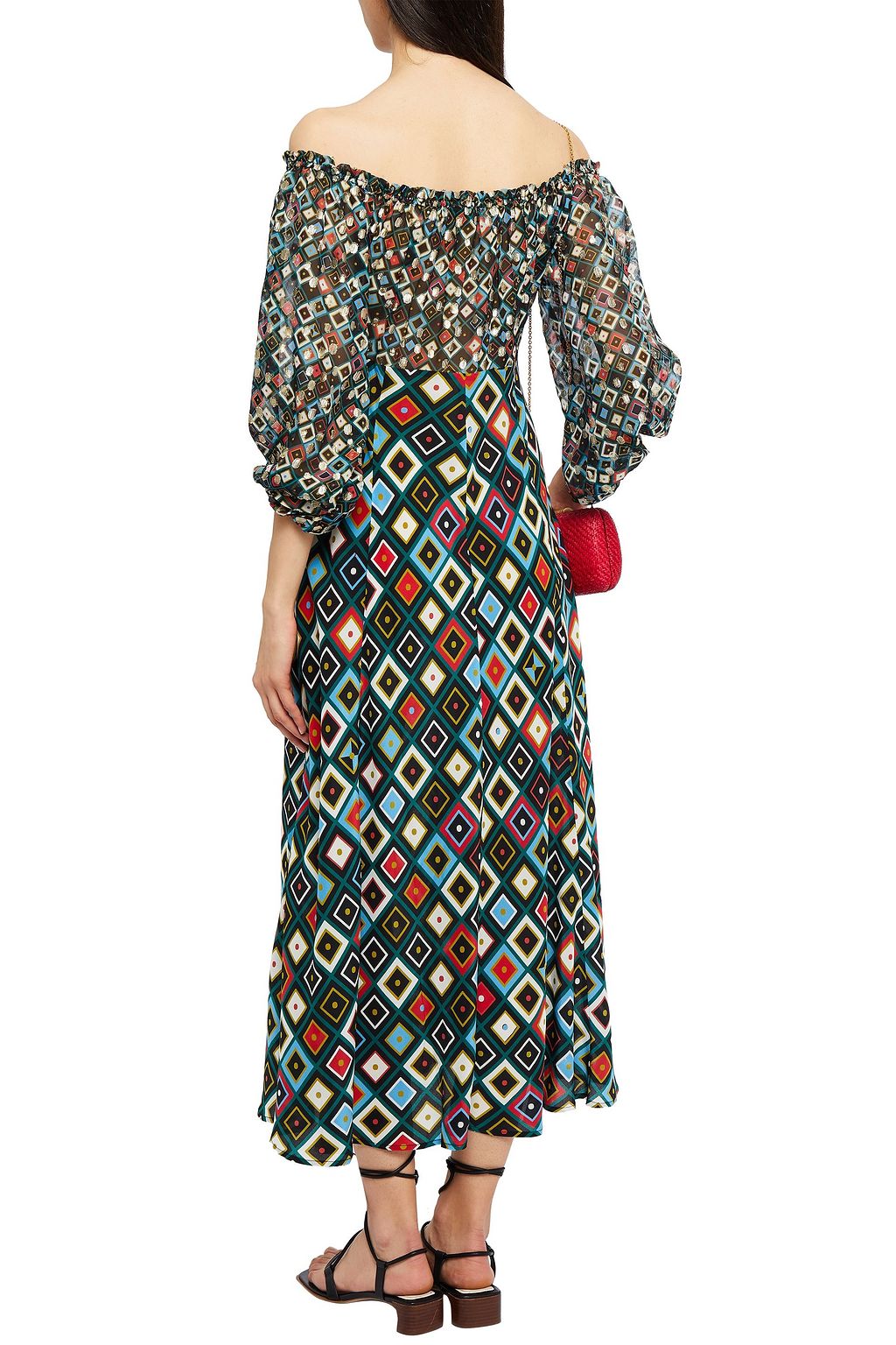 RIXO Audrey off-the-shoulder printed fil coupé chiffon midi dress