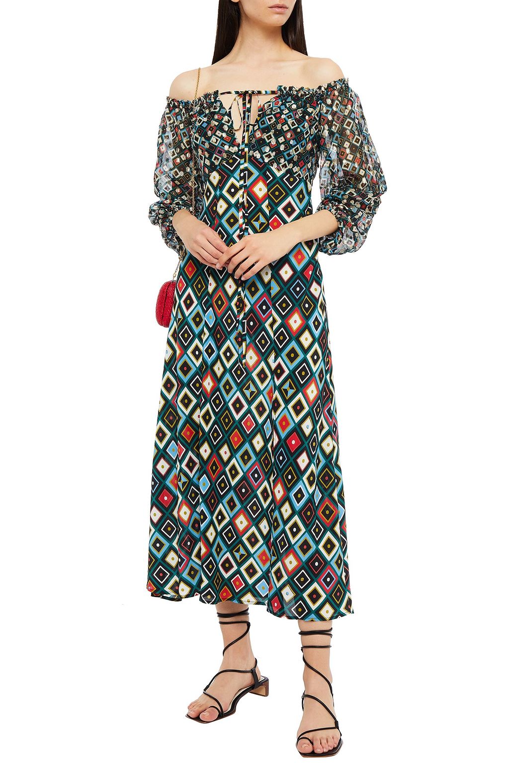 RIXO Audrey off-the-shoulder printed fil coupé chiffon midi dress