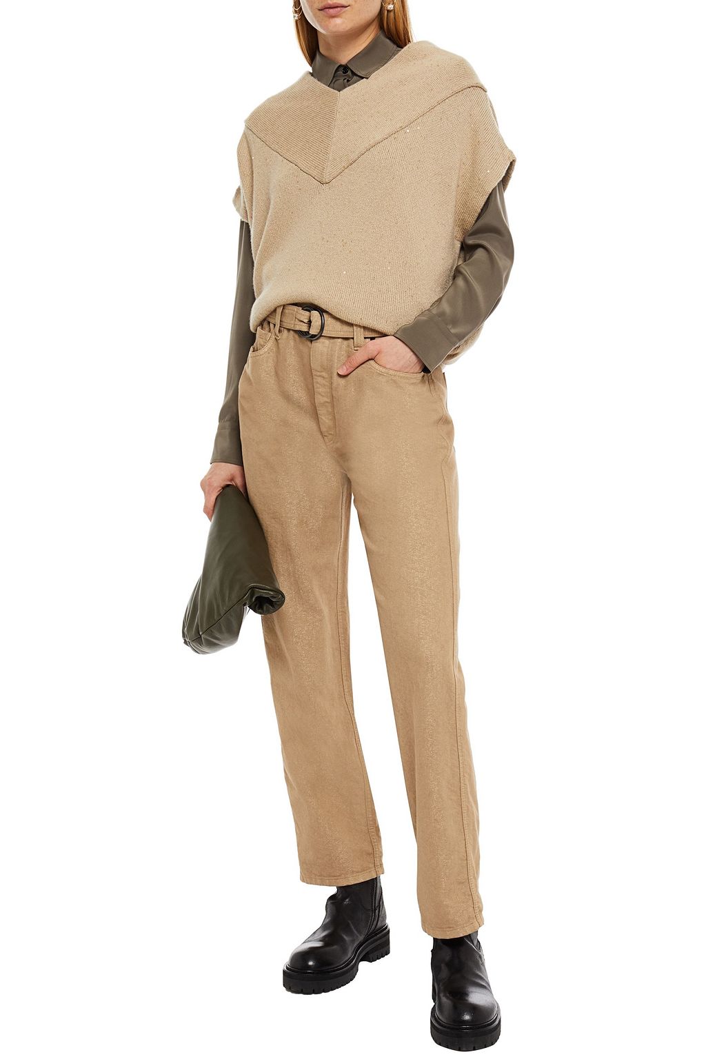 BRUNELLO CUCINELLI Hoch sitzende Karottenjeans in Metallic-Optik mit Zierperlen