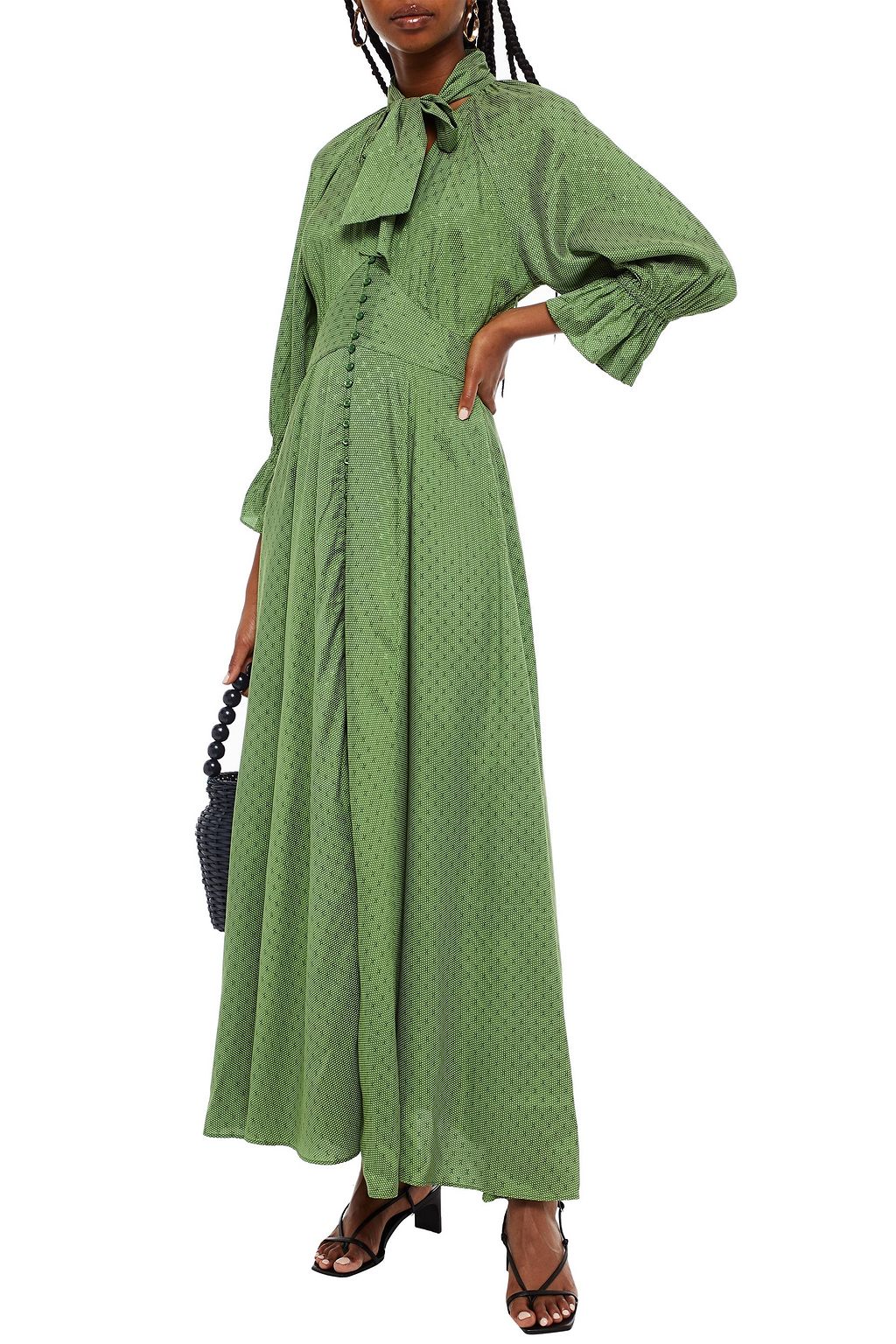 BYTIMO Pussy-bow gathered jacquard midi dress