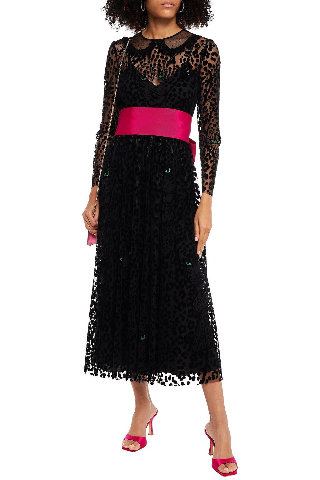 REDVALENTINO Belted flocked tulle midi dress