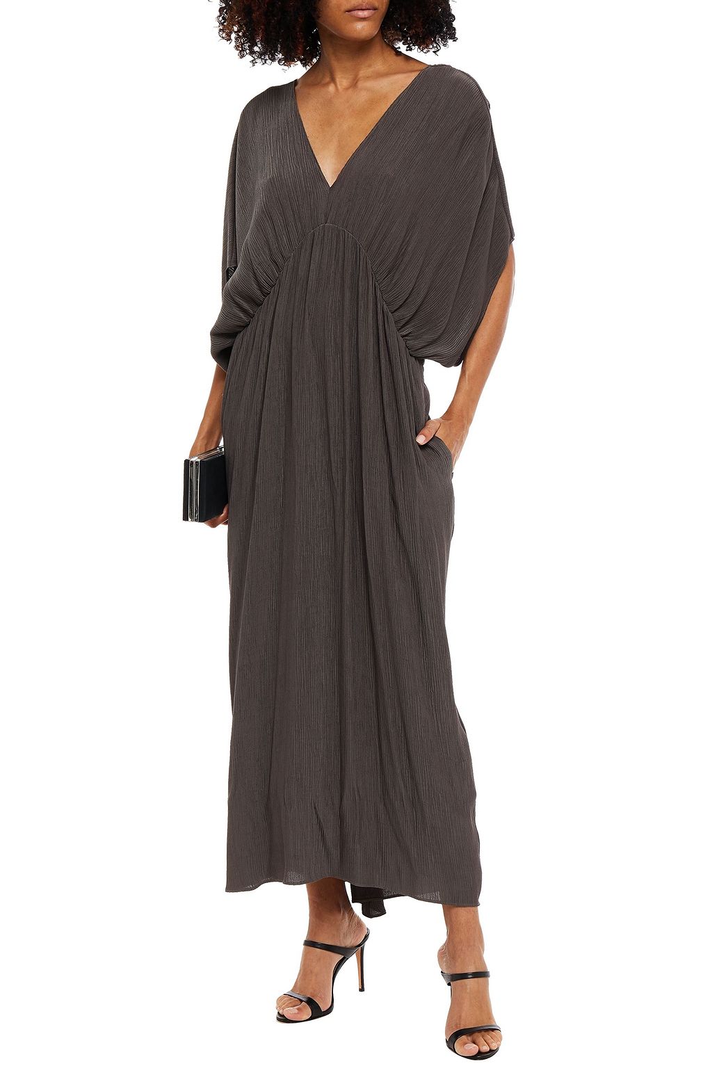 DEVEAUX Ava ruched plissé satin-crepe midi dress