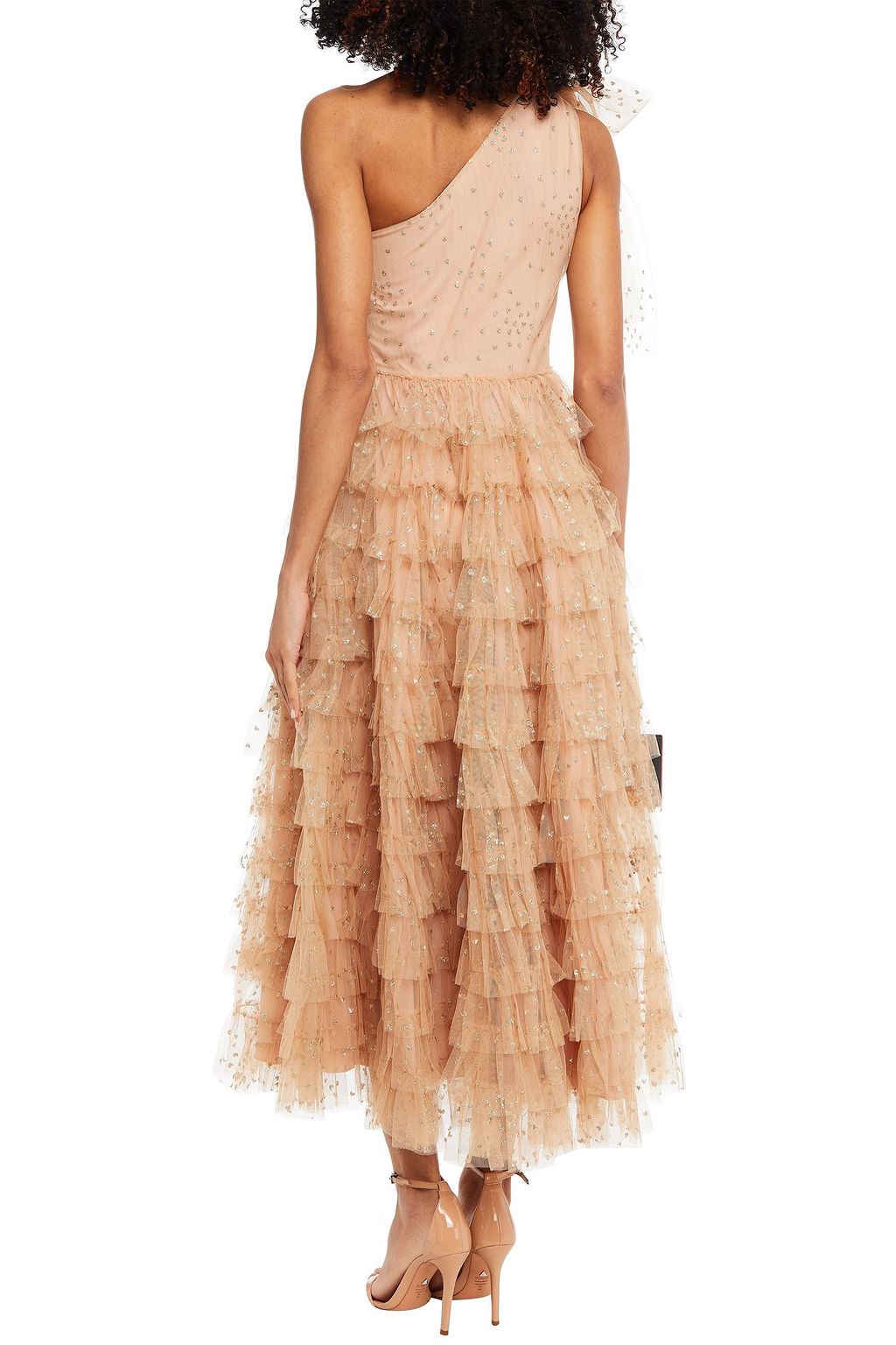 REDVALENTINO One-shoulder tiered glittered tulle midi dress