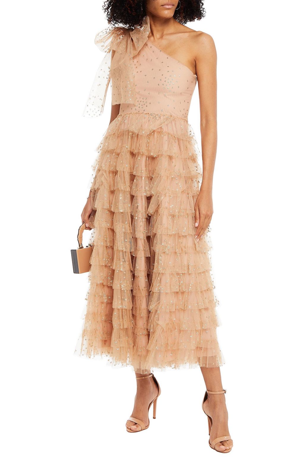 REDVALENTINO One-shoulder tiered glittered tulle midi dress