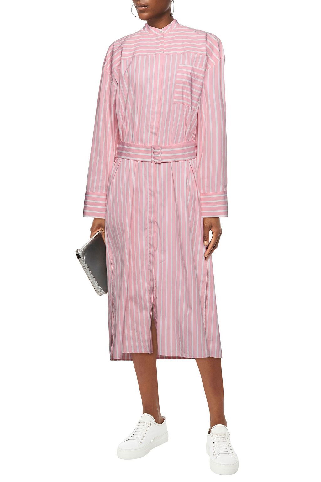 MSGM Belted striped cotton-poplin midi shirt dress