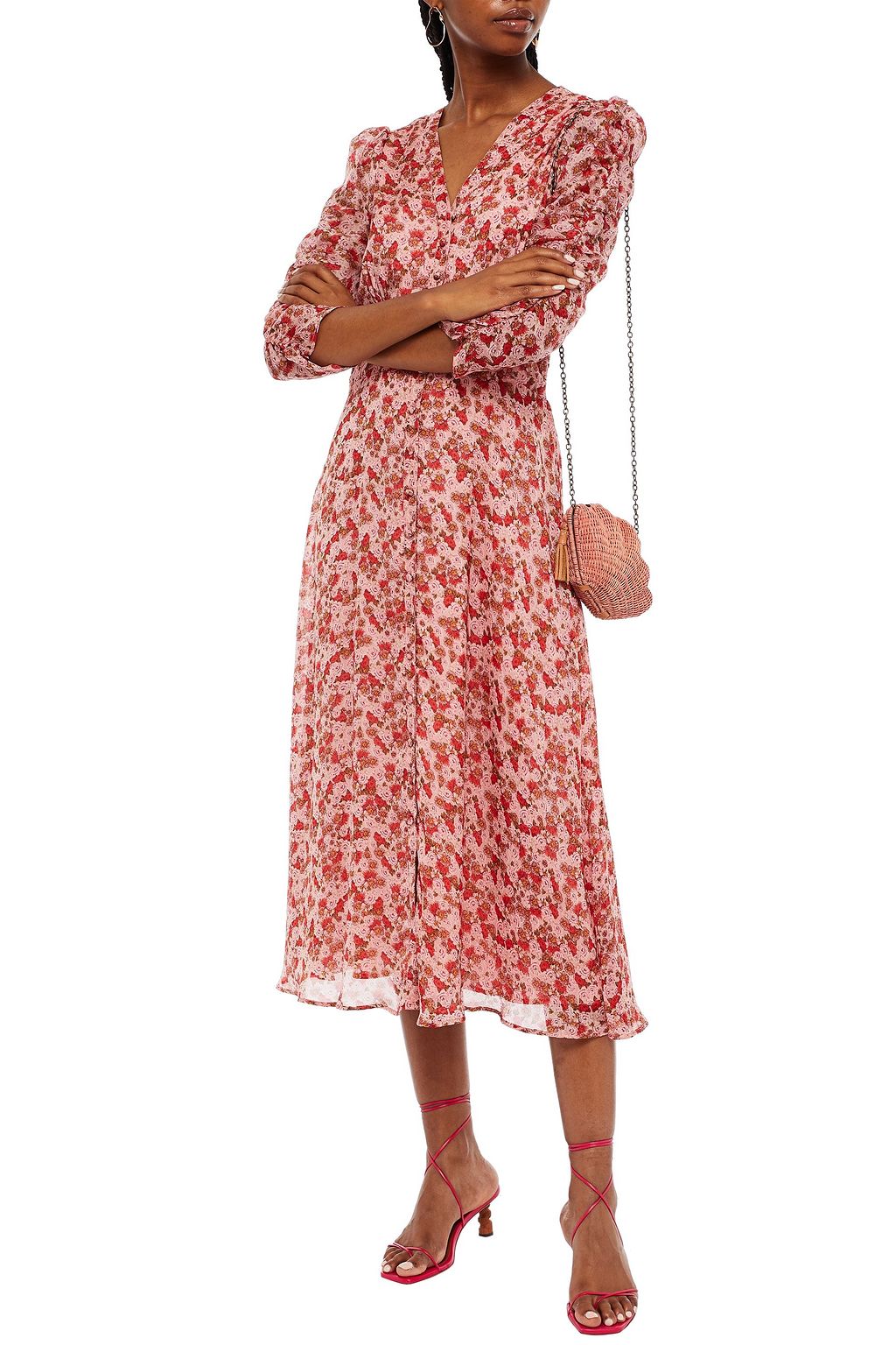 BYTIMO Shirred floral-print chiffon midi dress