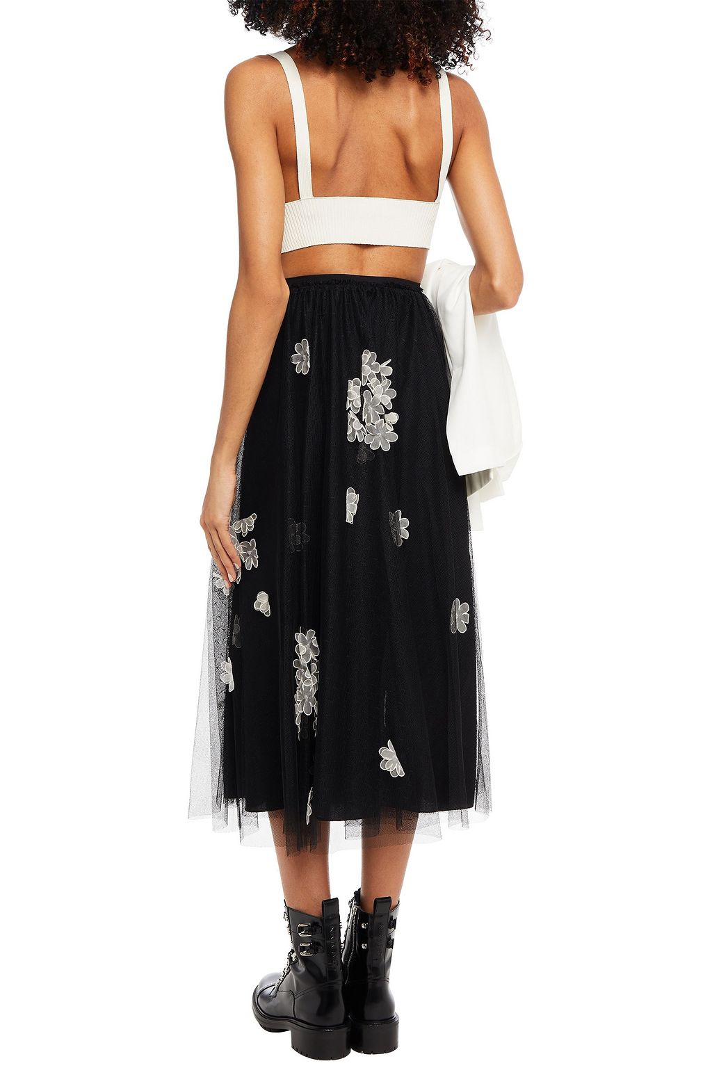 REDVALENTINO Floral-appliquéd point d'esprit midi skirt